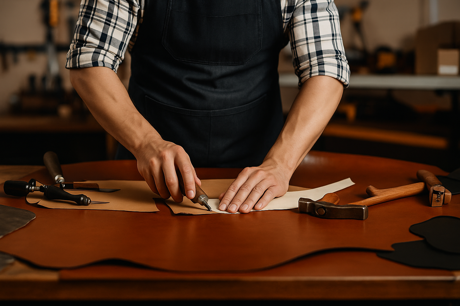 Skilled craftsman cutting leather on a workbench during premium sofa refurbishment and reupholstery