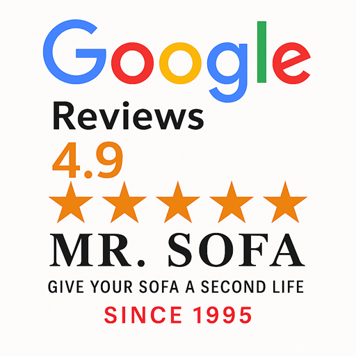 Graphic showing a 4.9-star Google Reviews rating for Mr. Sofa sofa-repair services, with the tagline ‘Give Your Sofa a Second Life — Since 1995