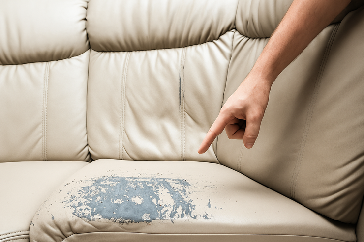 Hand pointing at peeling, damaged faux-leather seat on a sofa, highlighting wear that needs repair