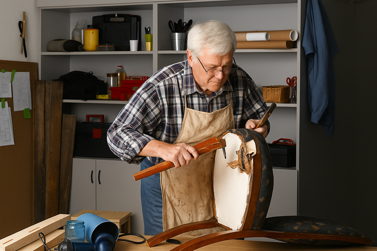 Senior craftsman repairing a broken chair, reinforcing its leg and wooden frame in the workshop