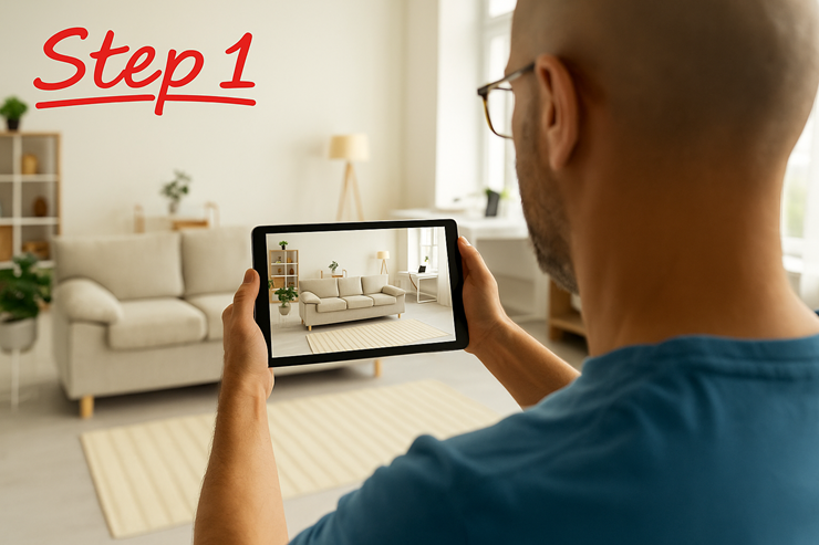 Step 1: A man photographs his sofa with a tablet to send pictures for an instant repair quote.