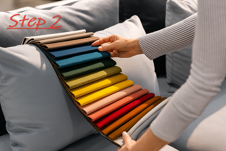 Step 2: A customer selects upholstery colours from a fabric swatch book to choose a new sofa cover