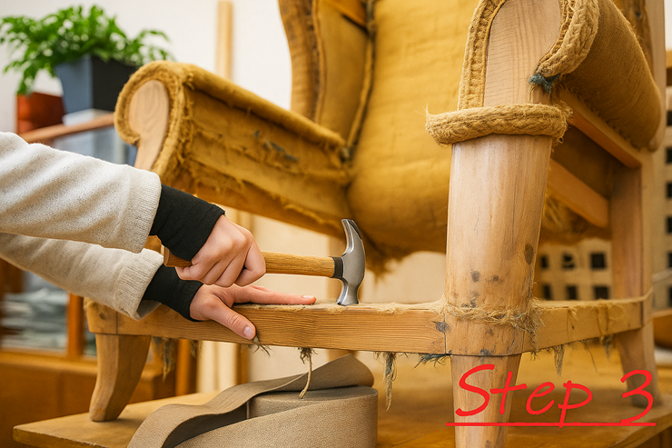 Step 3: Craftsman reinforcing a stripped-down chair frame with a hammer during furniture repair