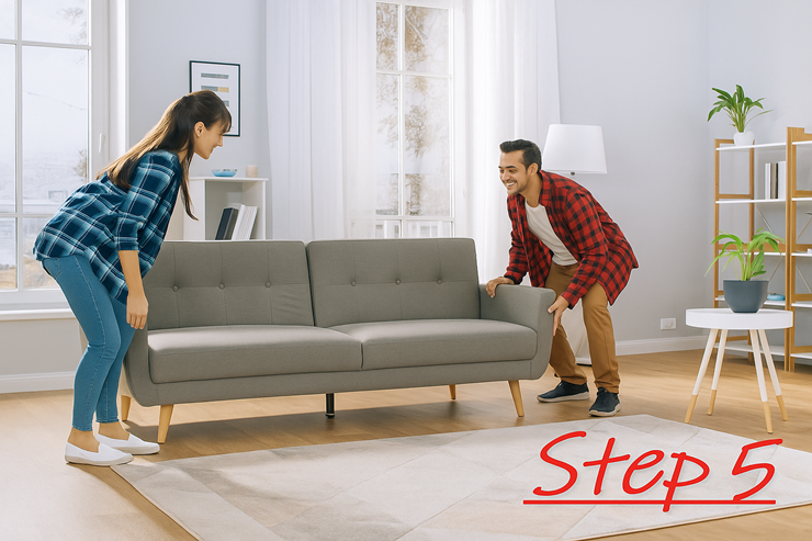 Step 5: Newly restored grey sofa is delivered back to the customer’s home, where a smiling couple positions it in their living room