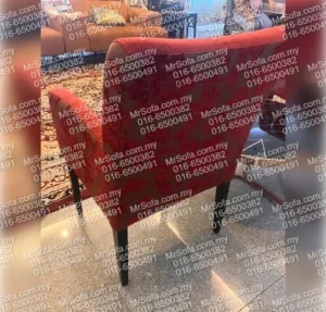 Back view of restored red floral fabric arm chair in Damansara Heights KL by Mr Sofa