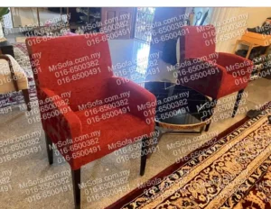 Pair of restored red fabric arm chairs in Damansara Heights Kuala Lumpur by Mr Sofa