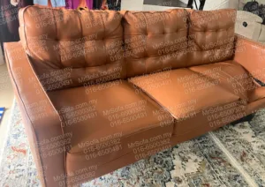 Before repair seat cushion for brown leather sofa with worn cushion and damaged backrest by Mr Sofa in Ampang KL