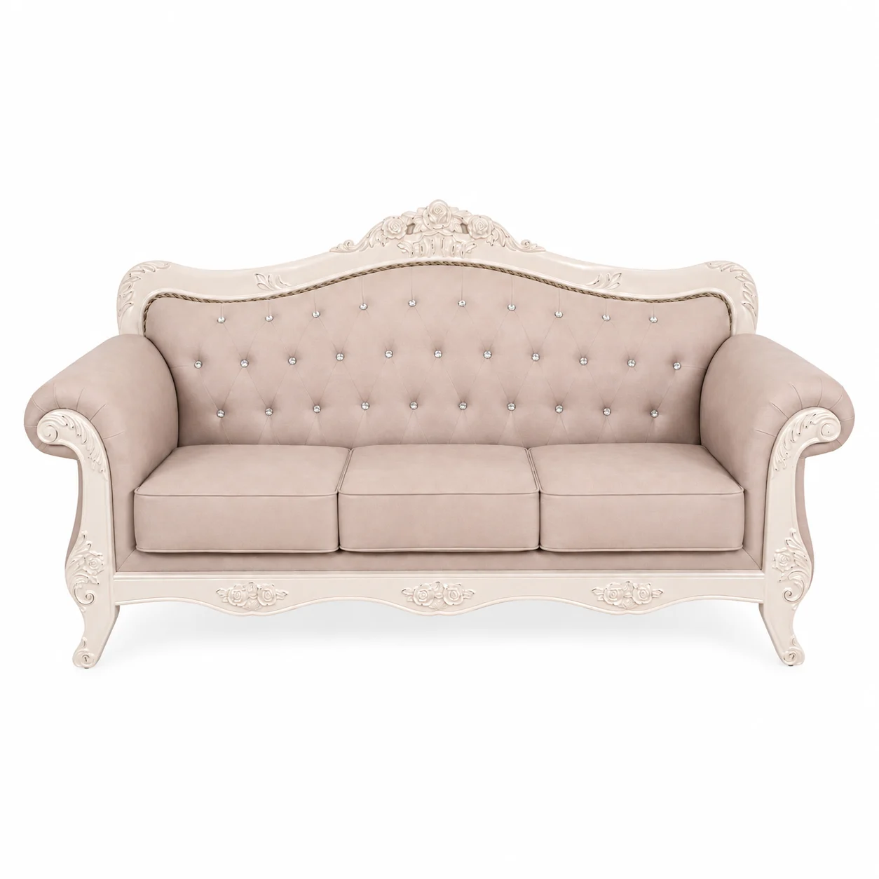 Classic beige tufted chesterfield sofa Jati with carved white wooden frame restored by Mr Sofa for customer in Taman Melawati