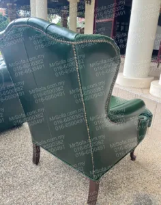 classic-green-oil-wax-leather-chesterfield-wing-chair-back-view-shah-alam-mr-sofa (1) Back view of classic green oil wax leather Chesterfield wing chair restored by Mr Sofa for repeat customer in Shah Alam Selangor