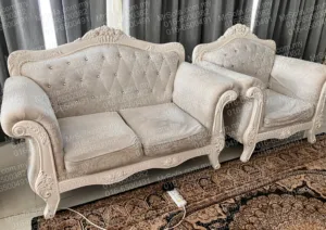 Before restoration classic chesterfield sofa jati and armchair set with worn beige fabric by Mr Sofa in Taman Melawati