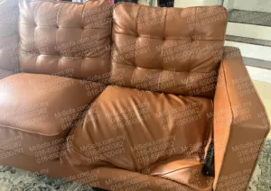 Repaired seat cushion brown leather three seater sofa with square tufted backrest by Mr Sofa in Ampang KL