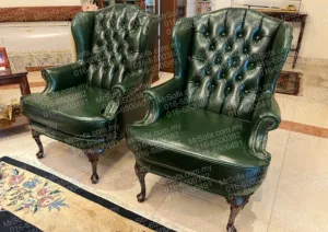 Restored pair of classic green oil wax leather Chesterfield wing chairs by Mr Sofa in Shah Alam Selangor