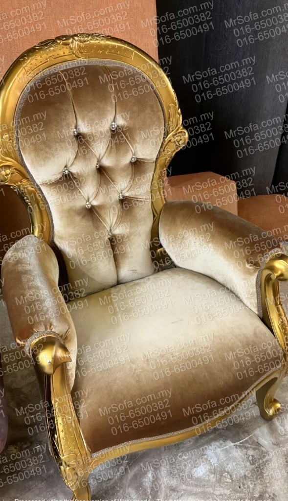 Before reupholstery view of European gold carved chair by Mr Sofa for The Mines Residence customer.