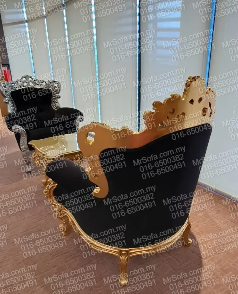Before restoration European single seater sofa with dark velvet fabric and gold frame by Mr Sofa