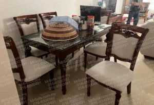 Dining chair reupholstery in Ampang KL by Mr Sofa with repaired wooden frame, firmer seat and new light fabric.