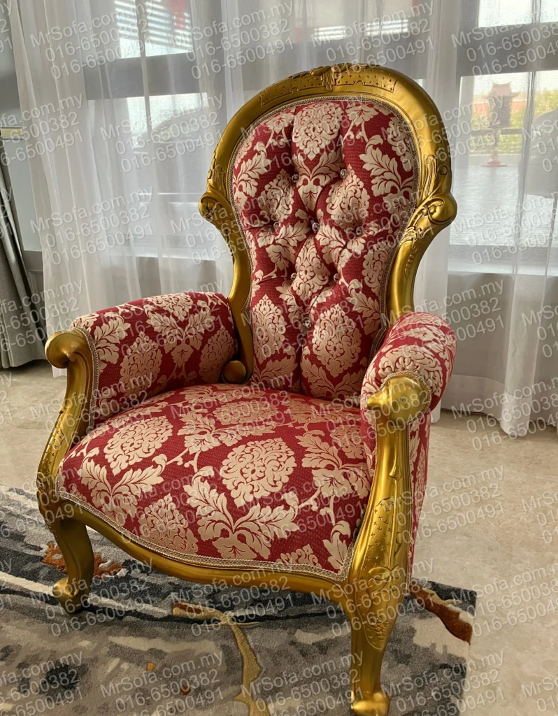 European gold carved chair reupholstered in red floral fabric by Mr Sofa at The Mines Residence.