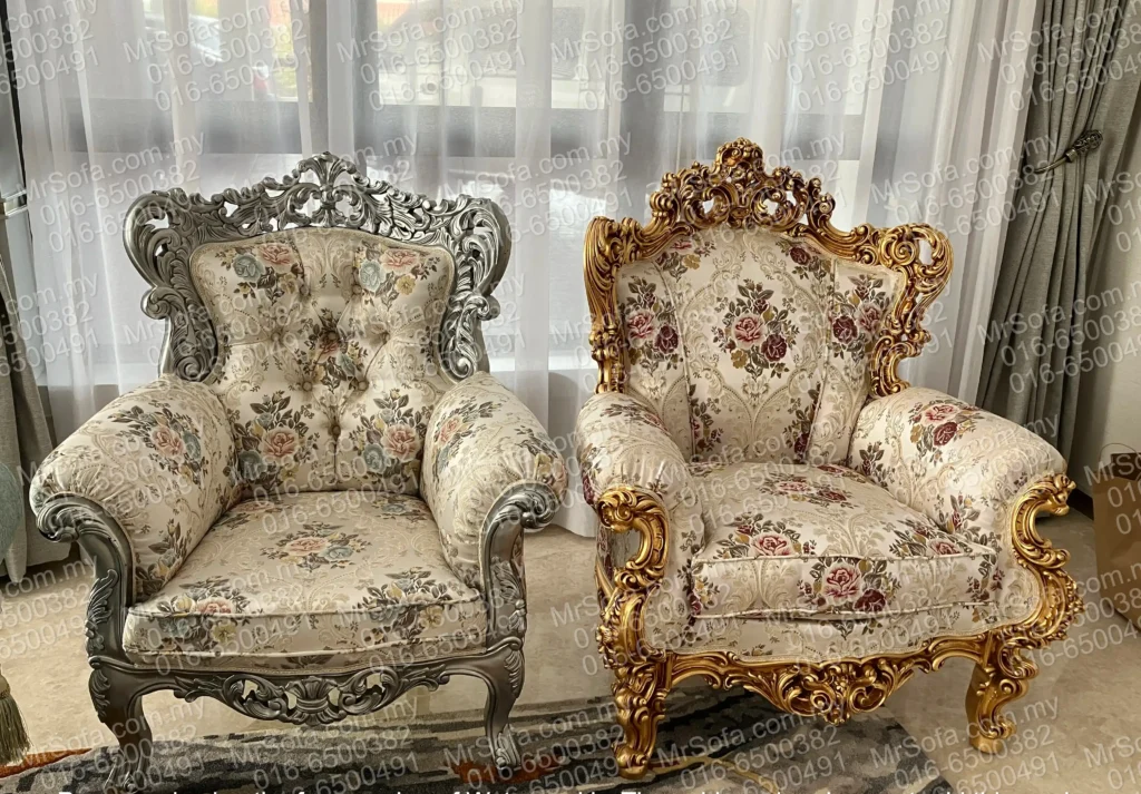Floral fabric European single seater sofa restoration with gold and silver frames by Mr Sofa