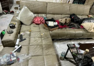 Old torn L shape leather sofa before reupholstery and seat repair in Maluri KL by Mr Sofa