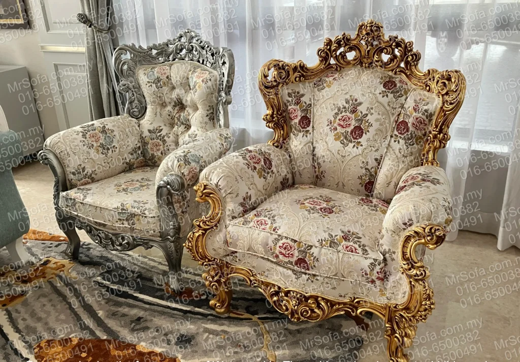 pair-european-single-seater-sofas-floral-fabric-carved-frame-mr-sofa Pair of European single seater sofas with floral fabric and carved frames by Mr Sofa at The Mines Residence