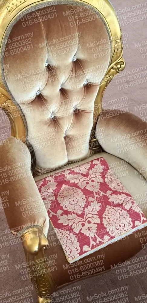 Red floral fabric selection for European gold carved chair reupholstery by Mr Sofa at The Mines Residence.