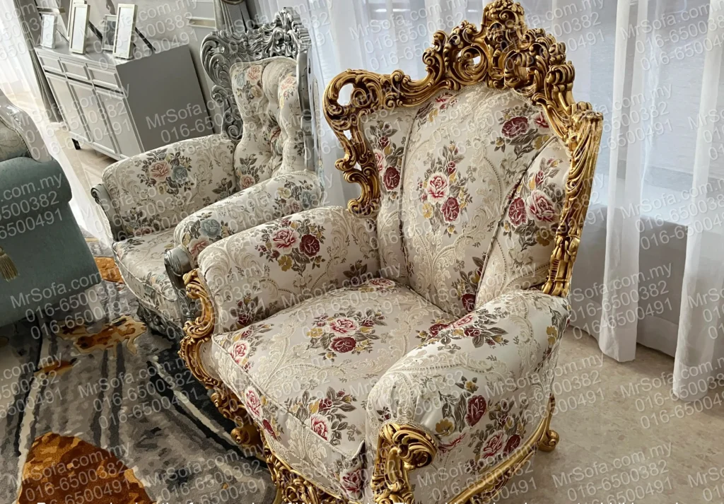 restored-european-single-seater-sofa-golden-frame-floral-fabric-mr-sofa Restored European single seater hand carvings sofa with golden frame and floral fabric by Mr Sofa at The Mines Residence