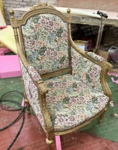 restored-jati-armchair-floral-fabric-gold-carved-frame-by-mr-sofa Restored jati armchair with floral fabric and gold carved frame by Mr Sofa