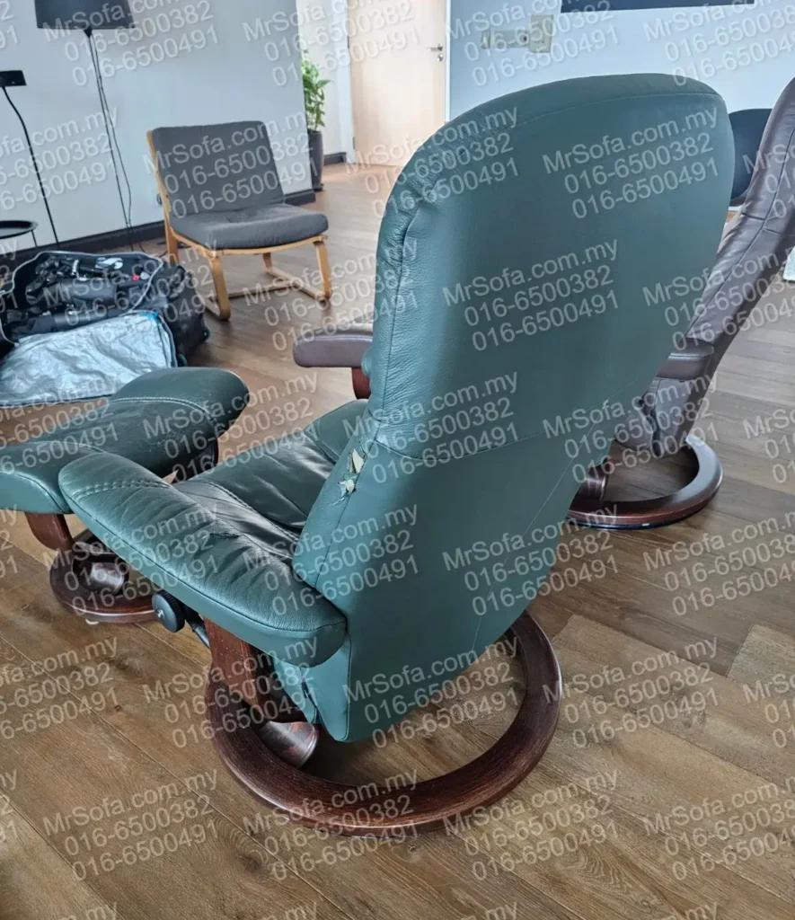 torn-stressless-recliner-back-panel-repair-bangsar-kl Torn rear leather panel on Stressless recliner before reupholstery by Mr Sofa in Bangsar Kuala Lumpur